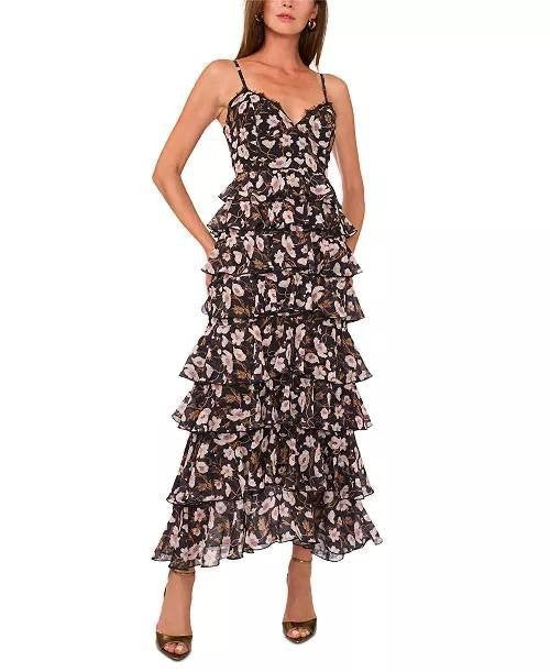 1.STATE V‑Neck Tiered Floral‑Print Maxi Dress Reach Black XL NWT $139