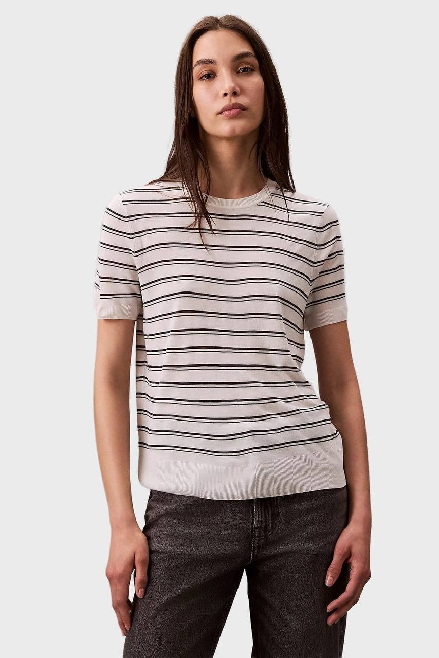 Calvin Klein Women's Viscose Striped Short Sleeve Sweater Tee Size L NWT $89
