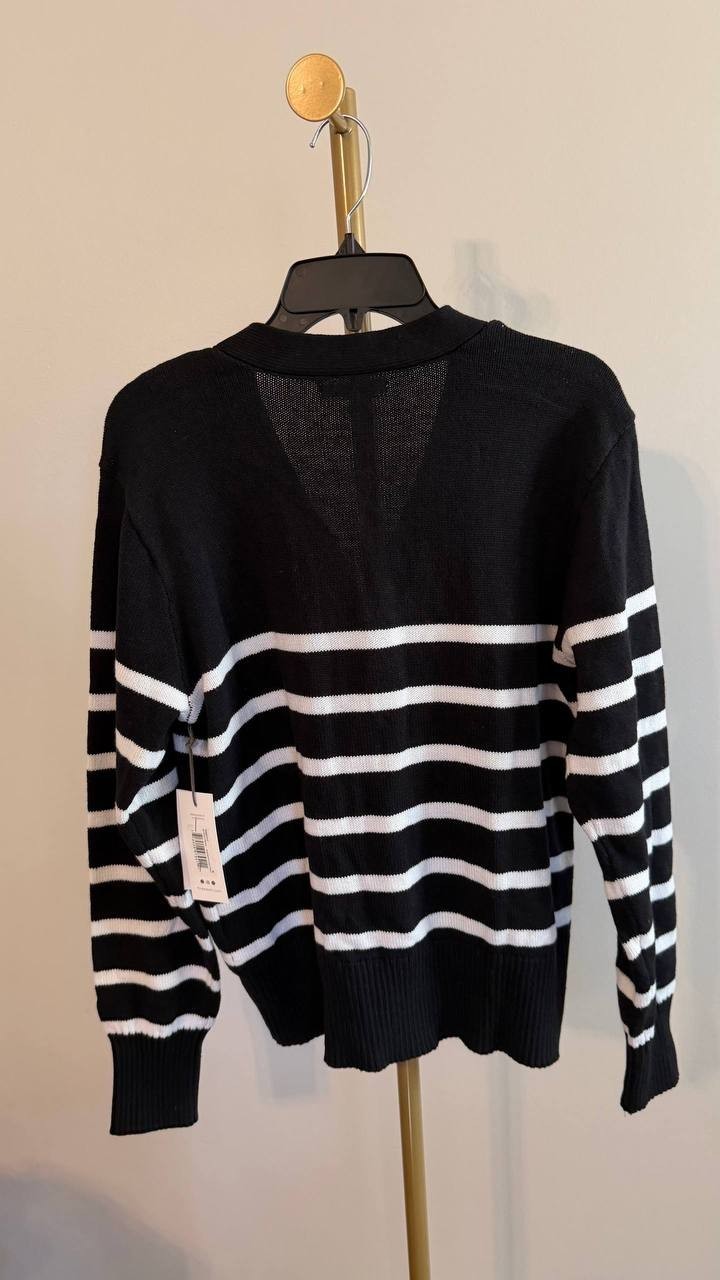 Three Dots Women’s Mackenzie Knit Button Cardigan Black Stripe M $98 NWT