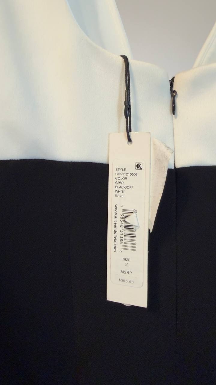 Alice + Olivia Mandy Deep Plunge Neck Mini Dress Black/Off White 2 NWT $395