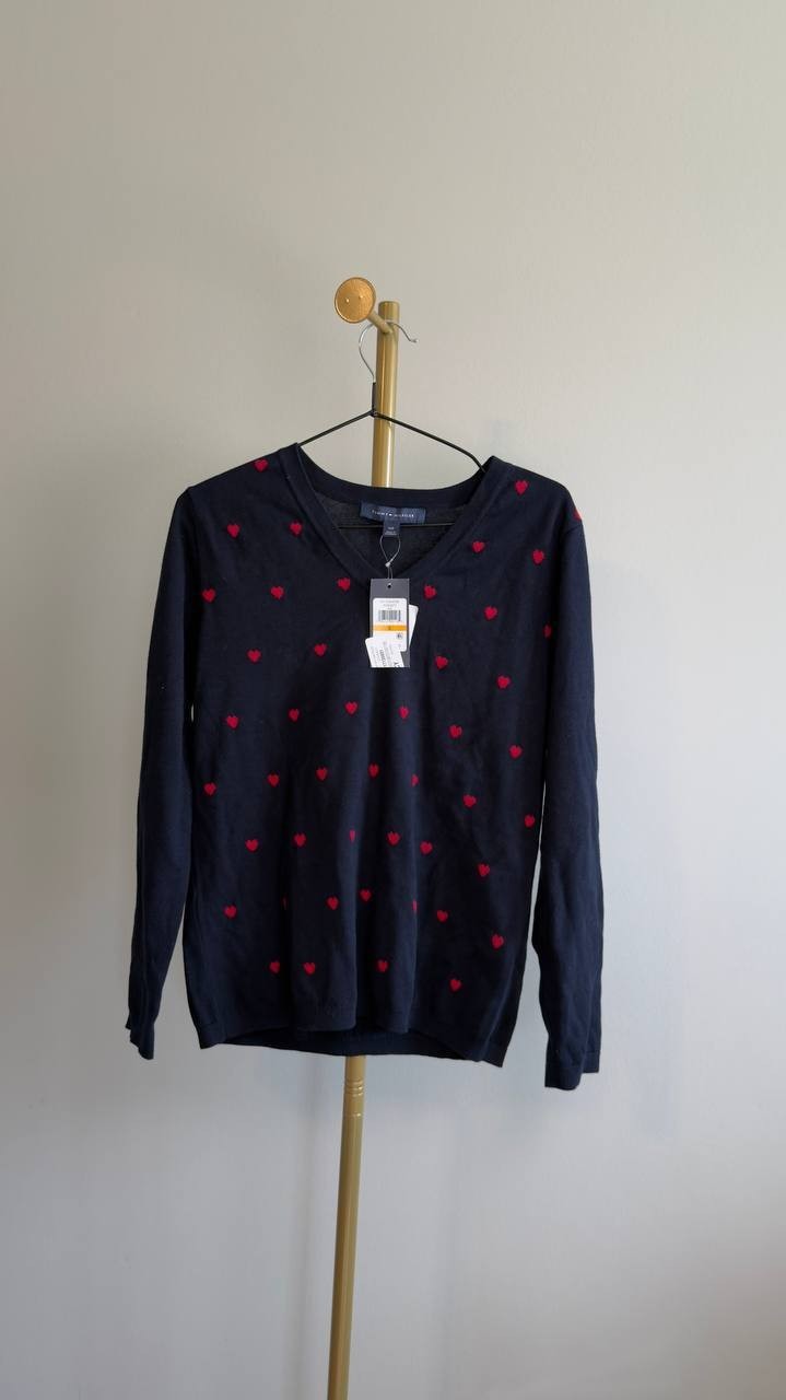 Tommy Hilfiger Cotton Heart V-Neck Sweater Navy S NWT $69.50