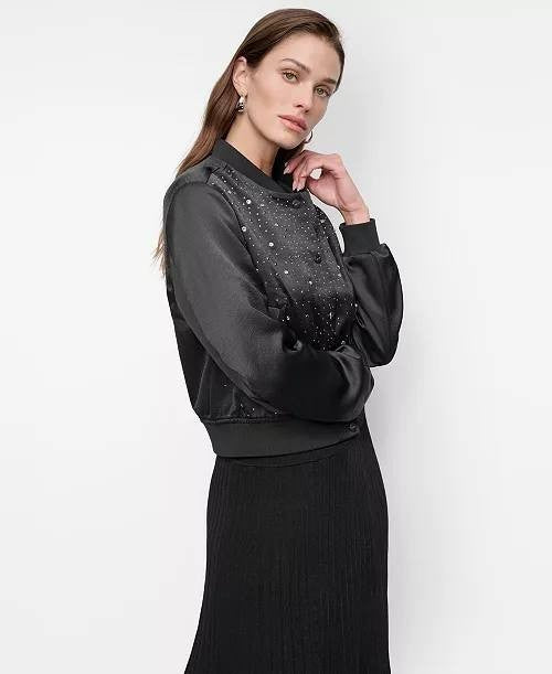DKNY Women’s Studded Snap‑Front Long‑Sleeve Bomber Jacket – XS – NWT – $159