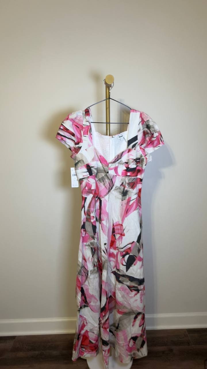 DKNY Women’s Puff Sleeve Asymmetrical Printed Dress Spring Wisteria 8 NWT $149