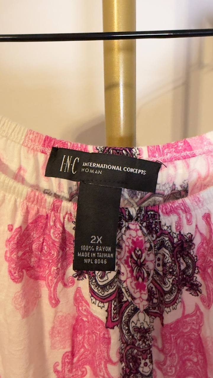 INC International Concepts Printed Flounce Peasant Top Pink Multi 2X NWOT $64.50