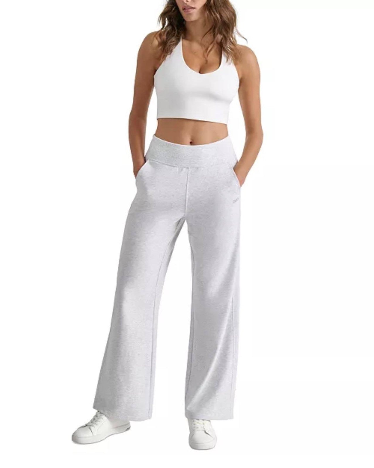 DKNY Sport Studded‑Logo Wide‑Leg Pants Optic Heather NWT M L XL MSRP $60
