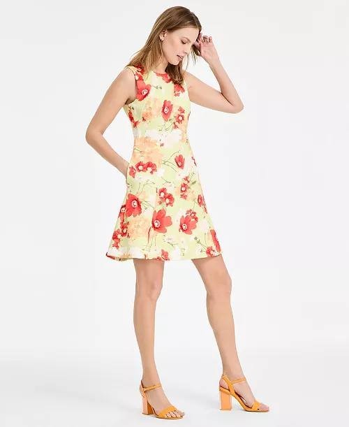 Vince Camuto Printed Scuba Fit & Flare Dress Lime 2 NWT $138