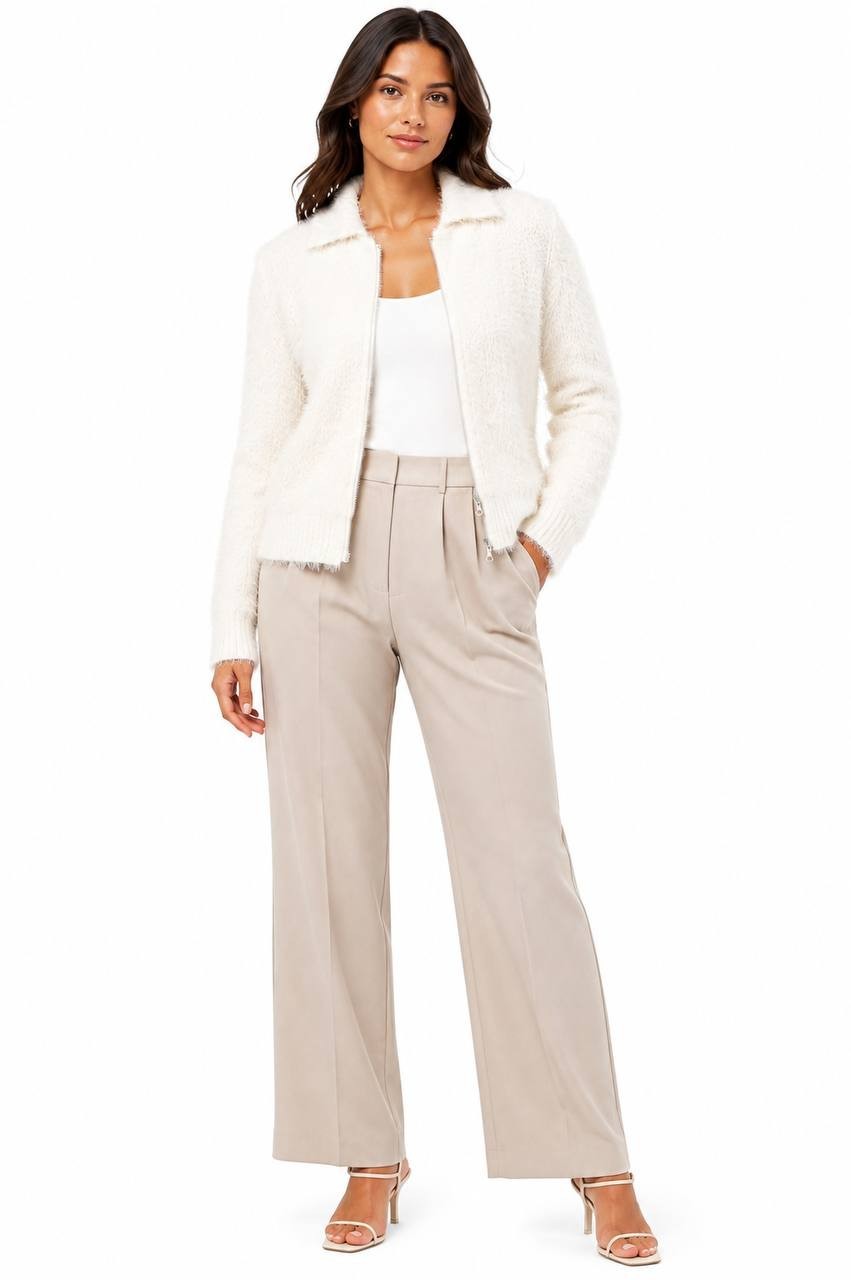 Hooked Up Fuzzy Zip-Up Collared Long-Sleeve Cardigan Spiritual Vanilla M NWT $45