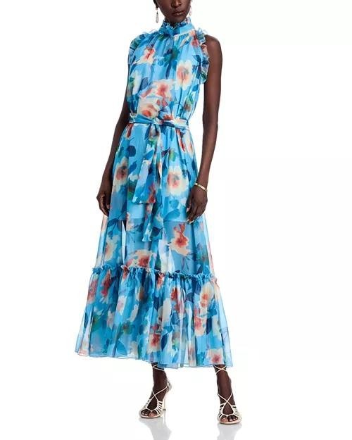 Nancy Yang Floral Maxi Dress Blue Multi Size M NWT Ruffled Skirt Summer Event