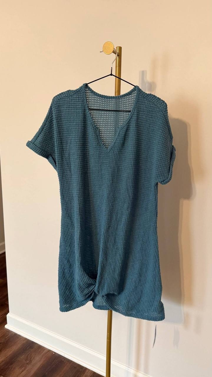 Cupshe Blue Waffle Knit Mini Dress Size L NWT Short Sleeve Beachwear