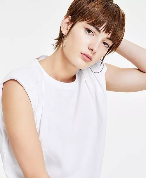 Bar III Cotton Top XS White Pleated Shoulder Sleeveless Crewneck Minimalist