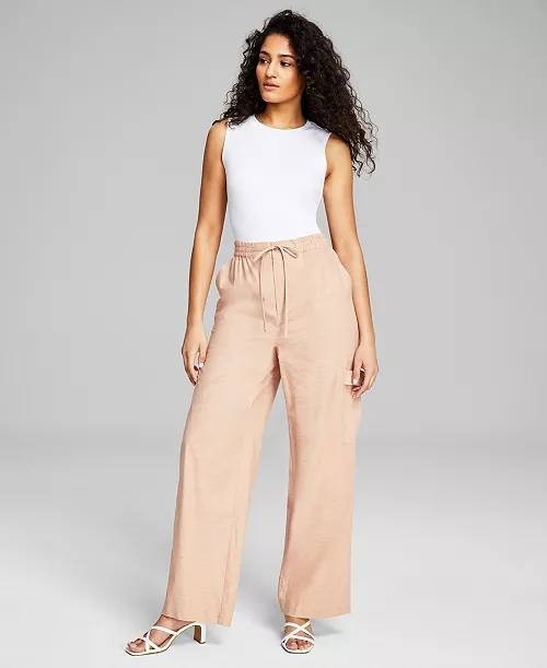 And Now This Pants PXL Peach Linen Blend Cargo Drawstring Waist Straight NWT