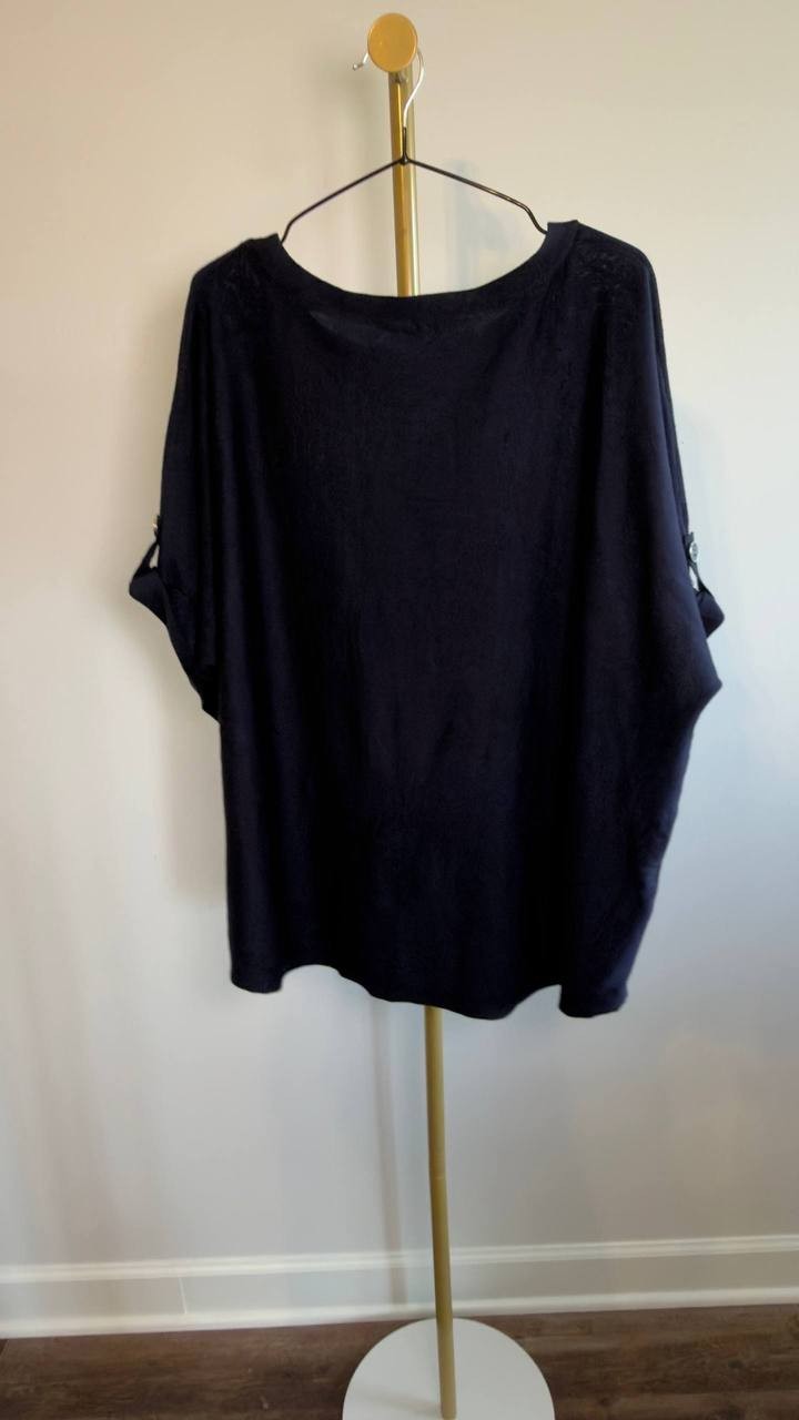 Melissa Paige Textured Button‑Tab Sleeve Top Navy 3X NWT $51.50