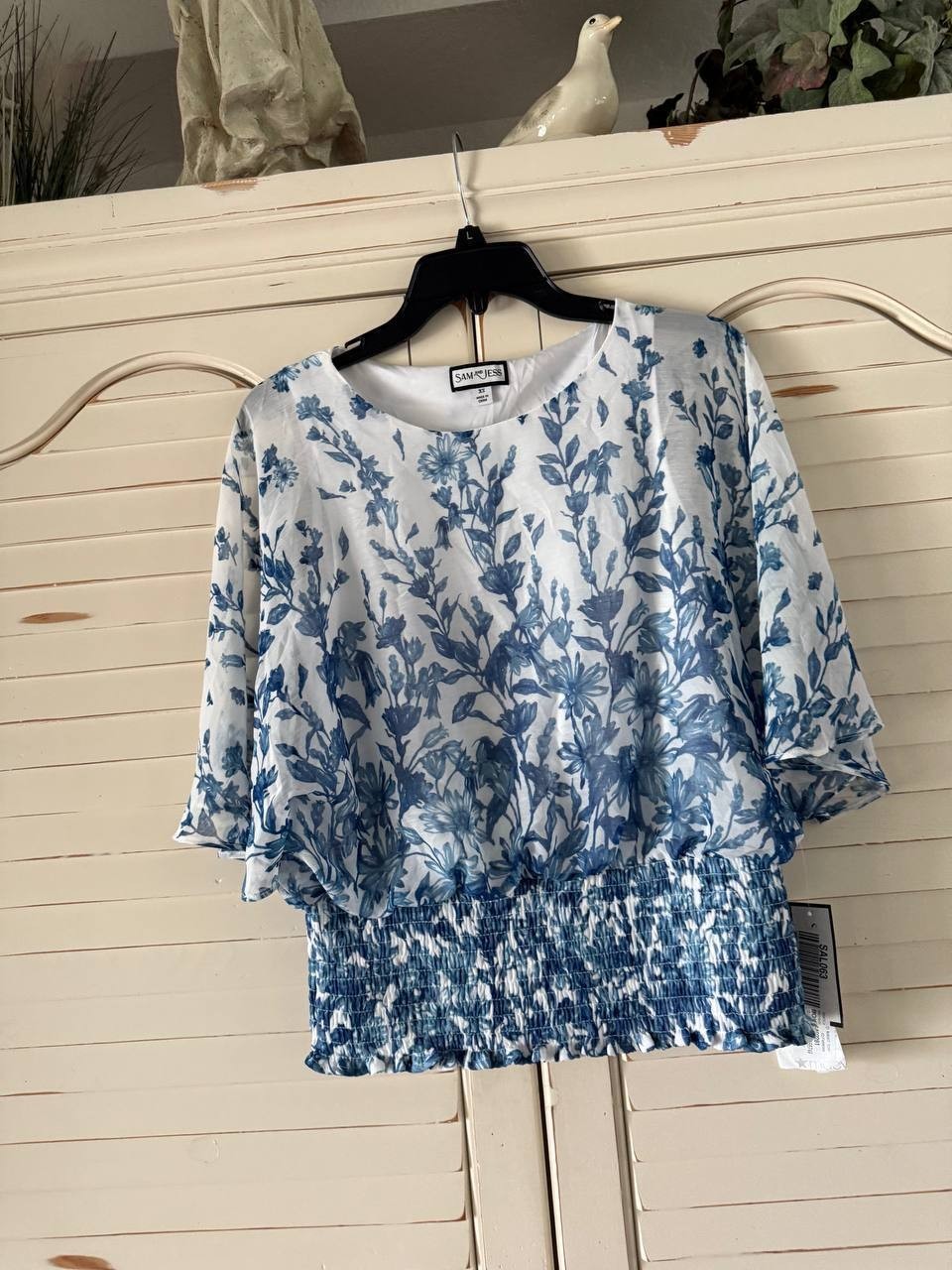 Sam &amp; Jess Petite Floral Top Smocked-Waist, 3/4 Sleeve Round Neck XS NWT