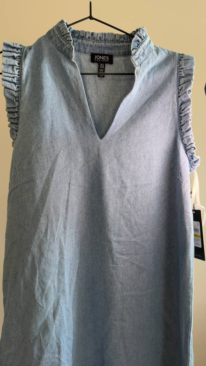 Jones New York Trapeze Chambray Ruffle Dress Pisces Wash PM NWT $99.50