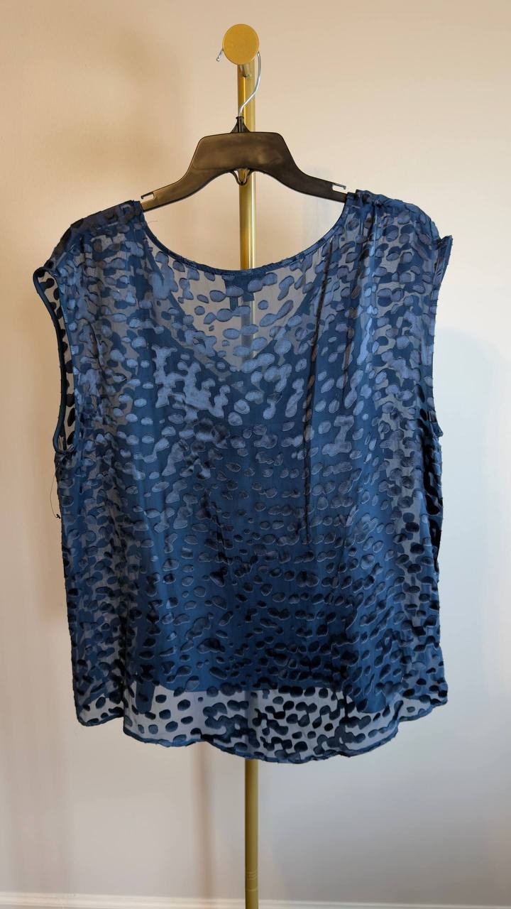 Donna Karan NY Cap‑Sleeve Silk‑Blend Burnout Blouse Blue XL NWOT $139