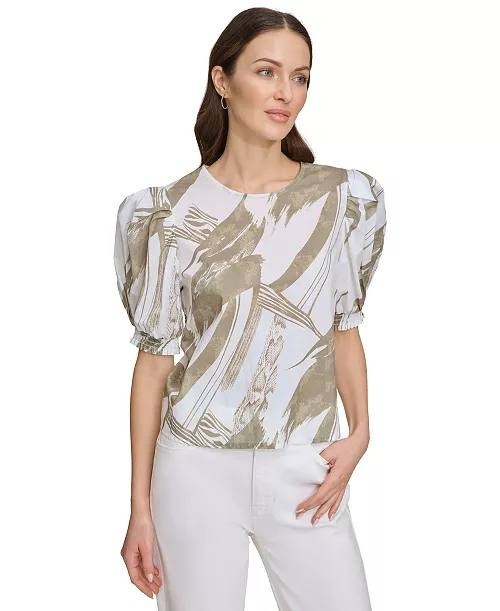 DKNY Top S White Voile Puff Shoulder Printed Crewneck Woven Blouse NWT