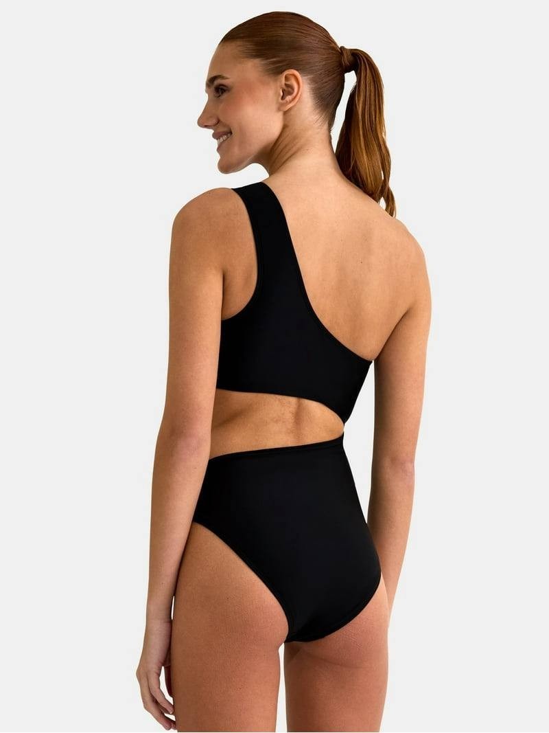 Jessica Simpson Waist‑Cutout Asymmetrical One‑Piece Swimsuit Black L NWOT $88