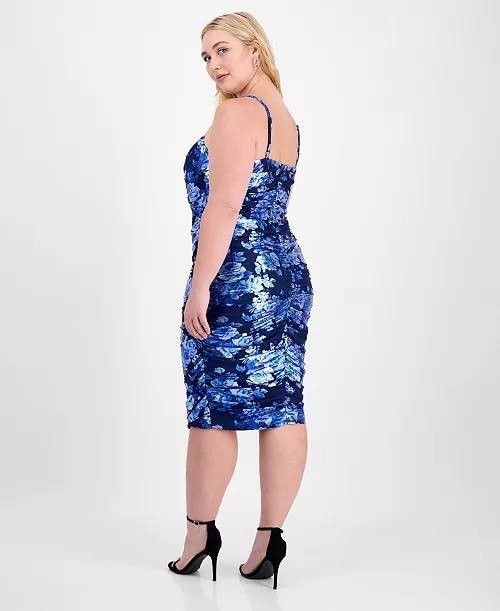 City Studios Plus Cowl‑Neck Foiled Floral Ruched Dress Navy/Royal 2XP NWT $79