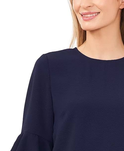 CeCe Crewneck 3/4-Sleeve Ruffled Cuff Blouse Classic Navy M NWT $49