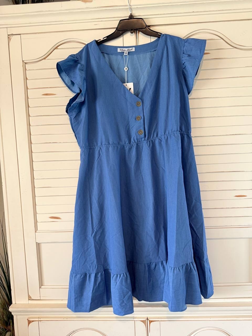 White Mark Womens' Blue Ruffle Sleeve Knee-Length Dress Plus Size 3XL