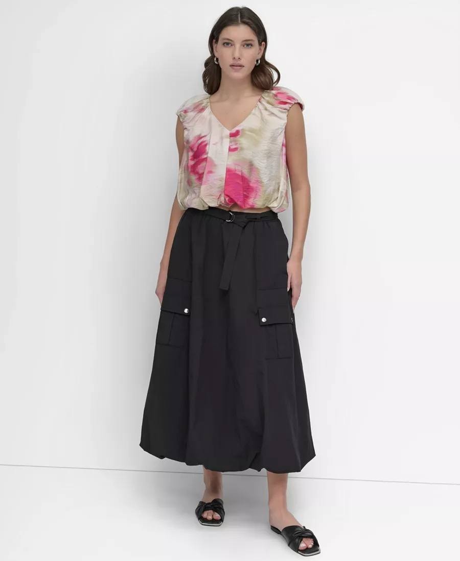 DKNY Floral‑Print V‑Neck Cap‑Sleeve Top – Abstract Print – Size L – NWT – $79