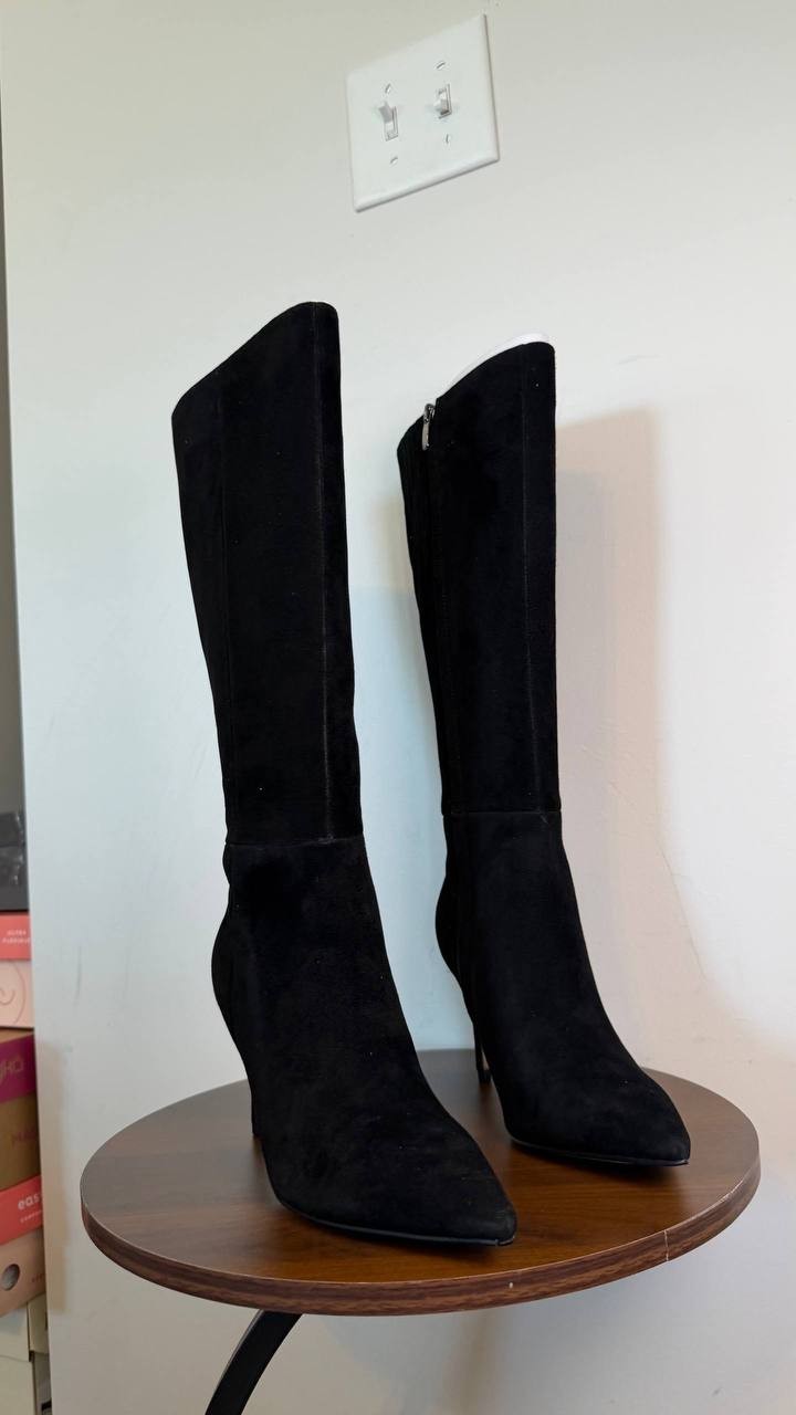 Nine West Cook Tall Stiletto Dress Boots Black 6M Suede Knee High $249 NWB