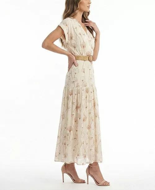 Taylor Embroidered V‑Neck Belted Dress Vanilla Walnut 14 NWT $149