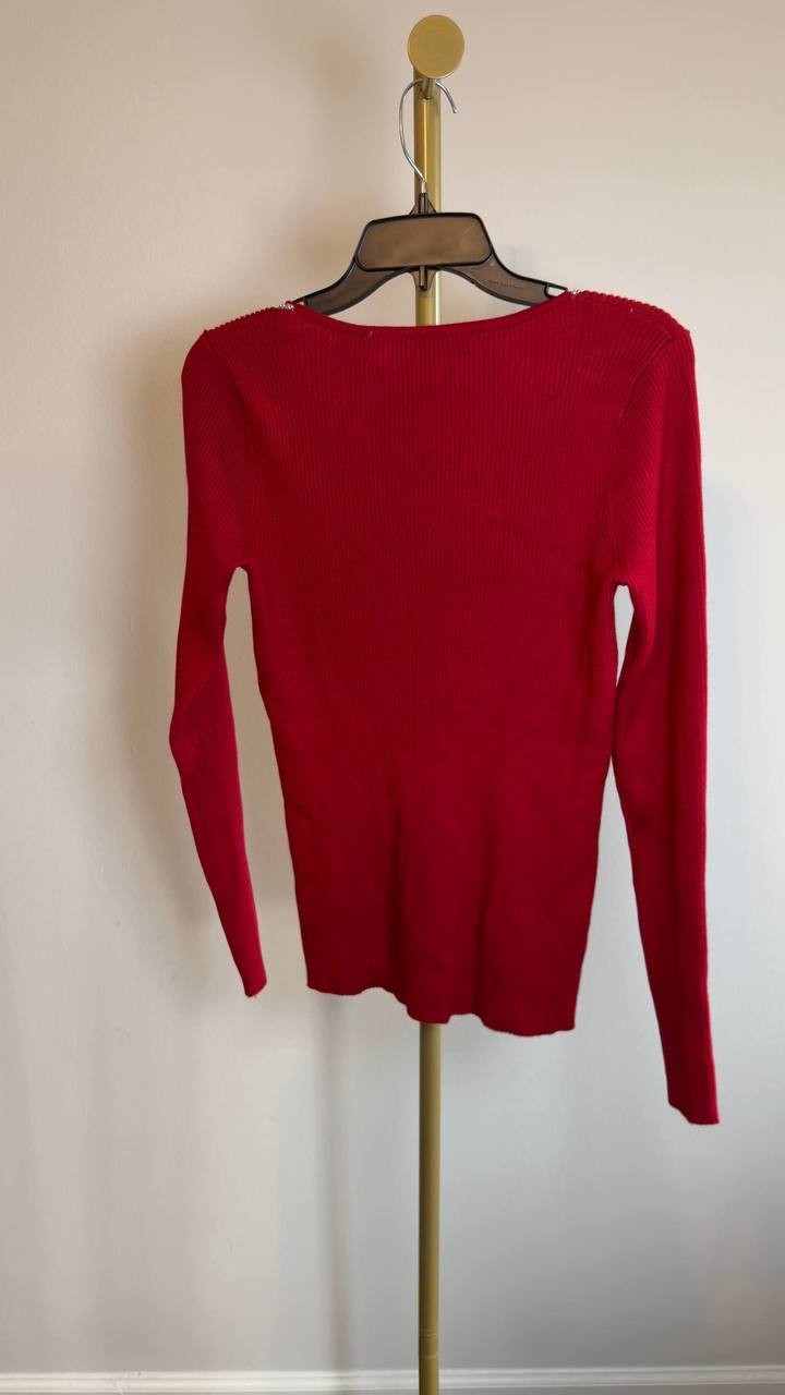 T Tahari Ribbed Sweetheart Rhinestone Sweater Baked Cherry L NWT $78
