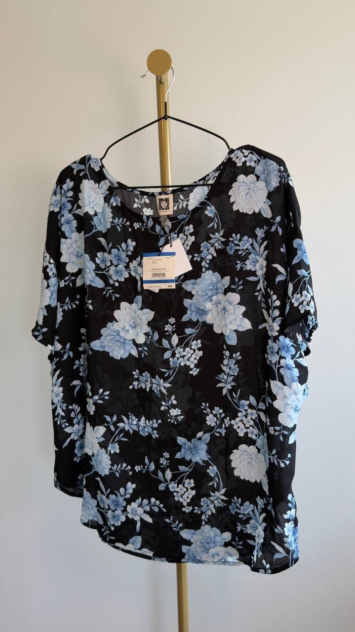 Anne Klein Boat‑Neck Flutter‑Sleeve Blouse Black Multi XL NWT $69