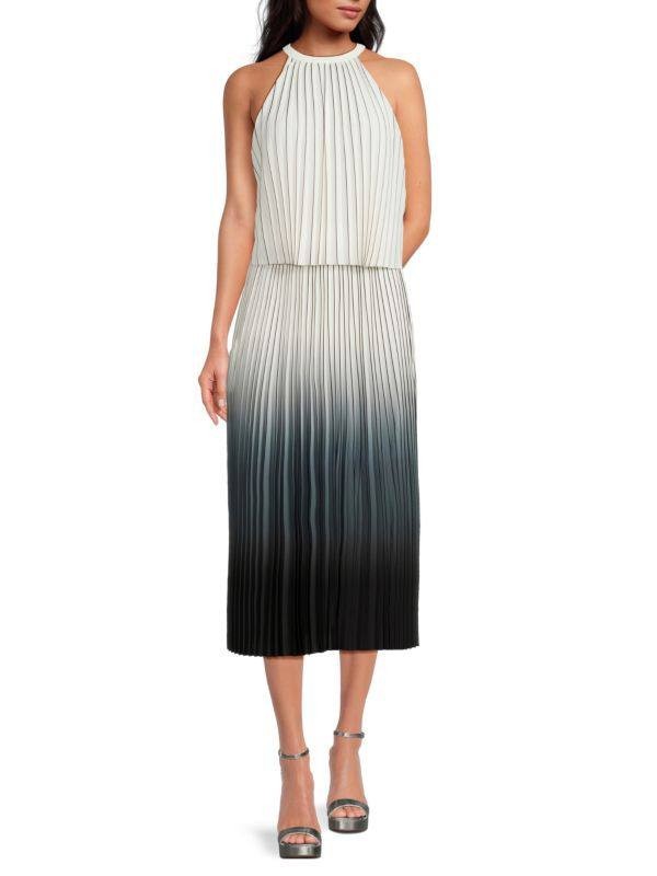 Tahari Pleated Ombré Dress Size 8 Black White Sleeveless Halter Sheath NWT