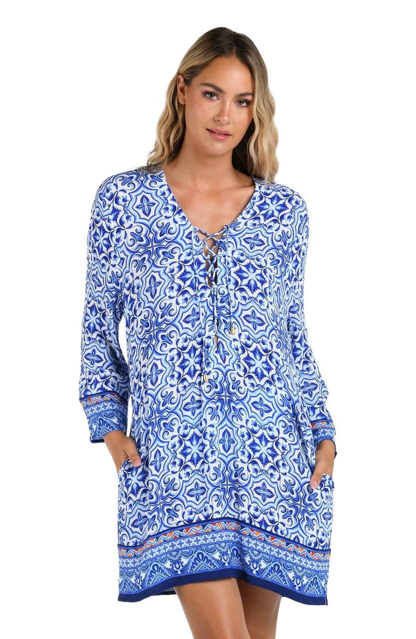 La Blanca Alboran Sea Lace-Up V-Neck Tunic Cover Up Blue Multi XL NWT $113