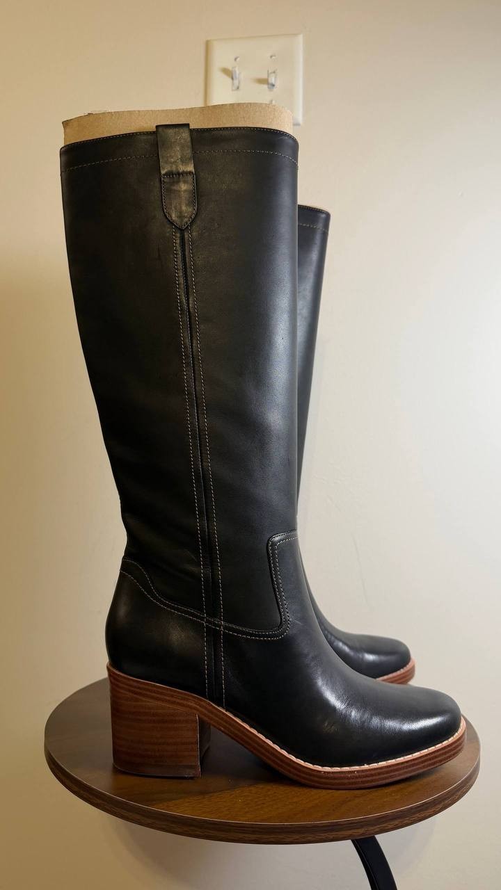 Nine West Hecee Boots 8.5M Black Leather Tall Round Toe Block Heel NIB msrp$269
