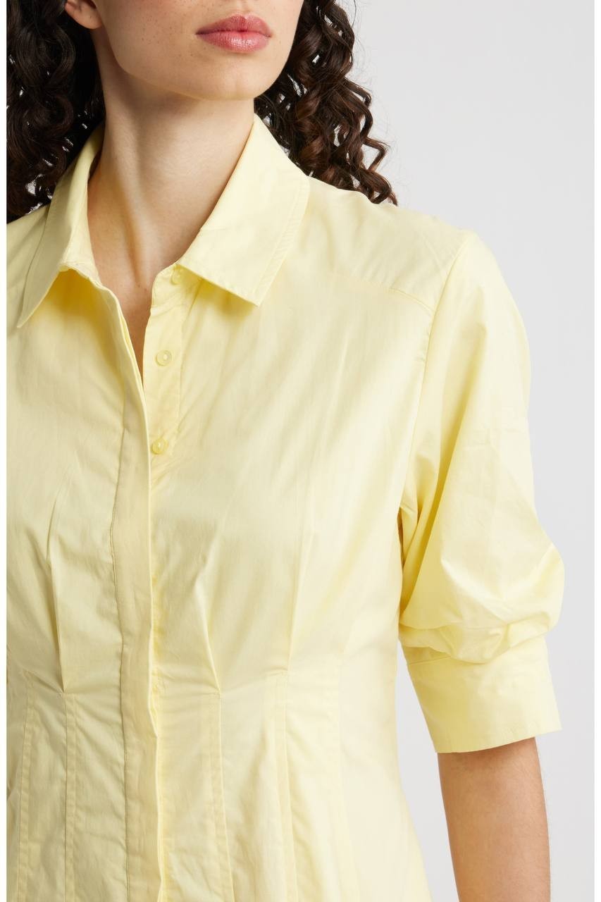 Vince Camuto Pleated Cotton Button‑Up Maxi Shirtdress Lemon Cream M NWT $139