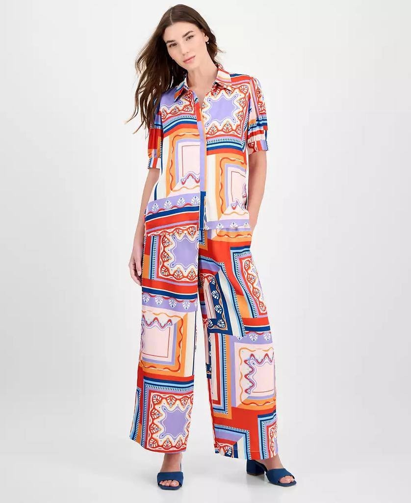 Tahari Women’s Printed Short-Sleeve Button Blouse Como Tile Print L $78 NWT