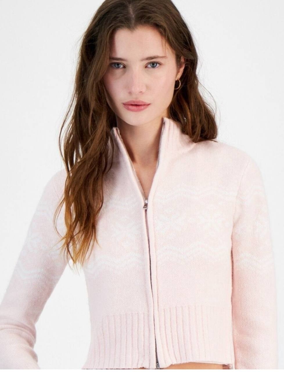 Planet Heart Cropped Zip Sweater Brown Pink Juniors M Knit Pullover NWT