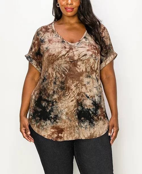 Coin 1804 Plus Size Tie‑Dye V‑Neck Rolled Sleeve Top Mocha Black 3X NWT $30