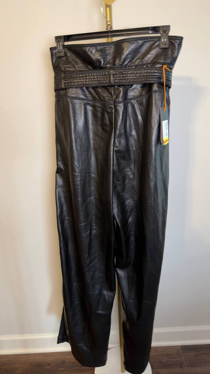 BOSS Faux Leather Straight‑Leg Pants with Belt Black 12 NWT $149
