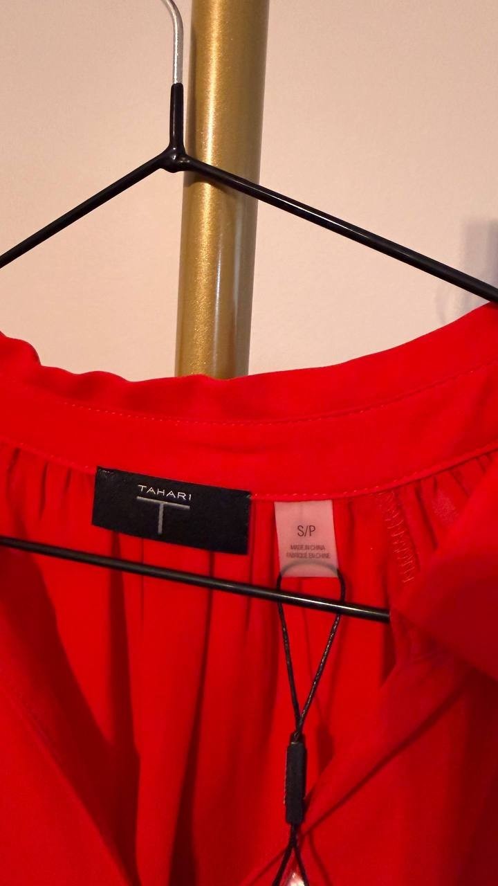 Tahari Women’s Georgette Split‑Neck Blouse Apple Red S $78 NWT