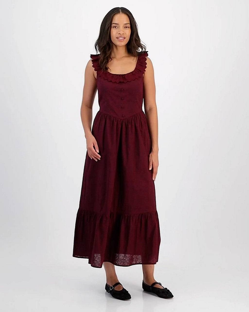 And Now This Cotton Ruffle-Trim Scoop-Neck Maxi Dress Pet/XXS Burgundy