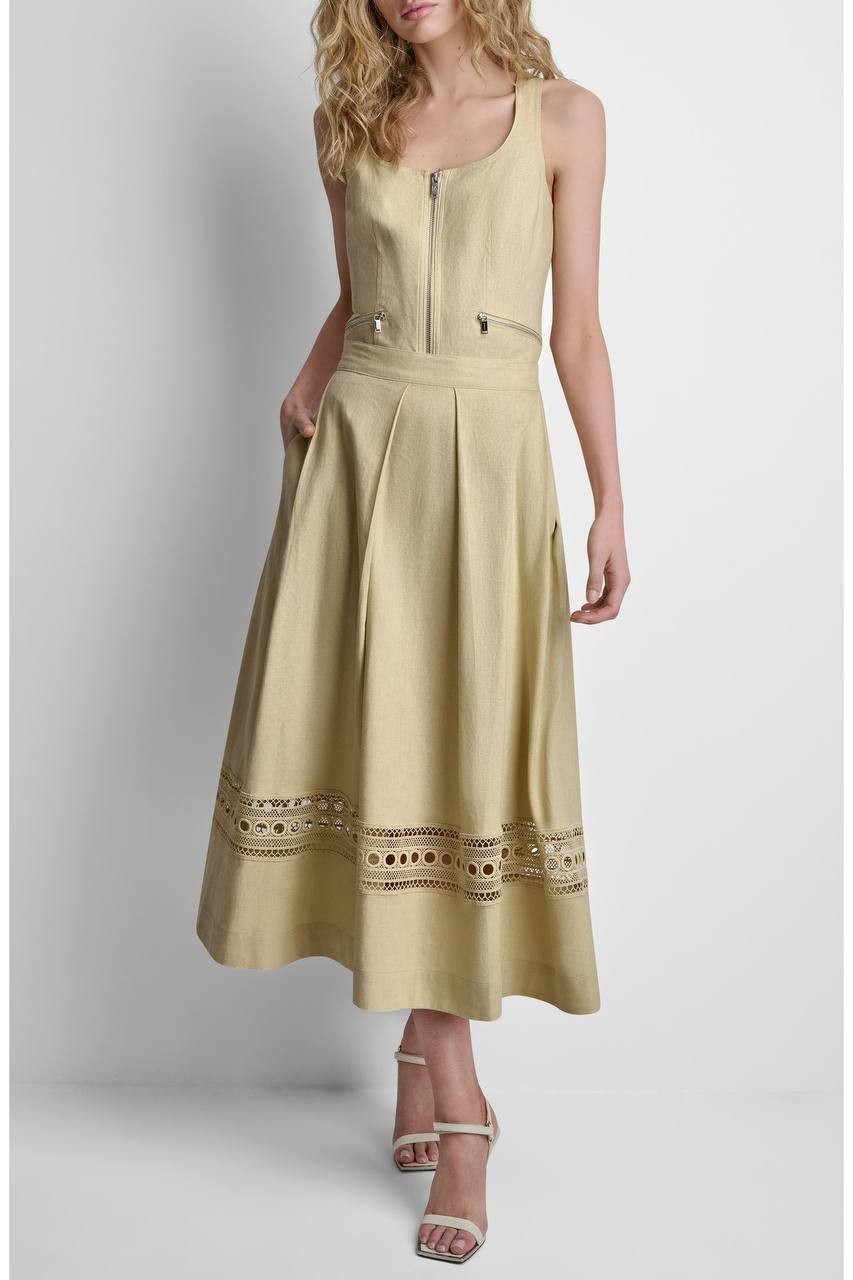 DKNY Women’s Eyelet Embroidery Linen Blend  Skirt Mojave Desert M NWOT $119