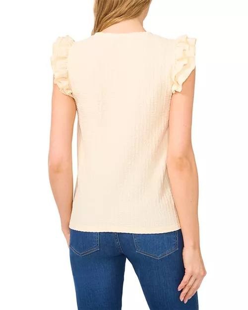CeCe Sleeveless Ruffle Shoulder Textured Top – White – Size L – NWT