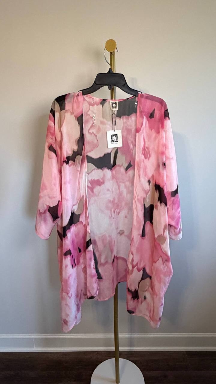 Anne Klein Plus Size Chiffon Kimono Peony Pink Multi S/M NWT $89