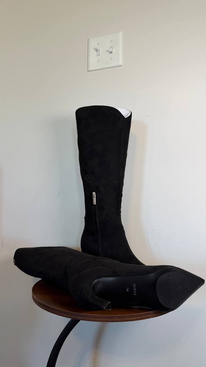 GUESS Palisa Wide Calf Tall Kitten Heel Boots Black 7M Suede $179 NWB