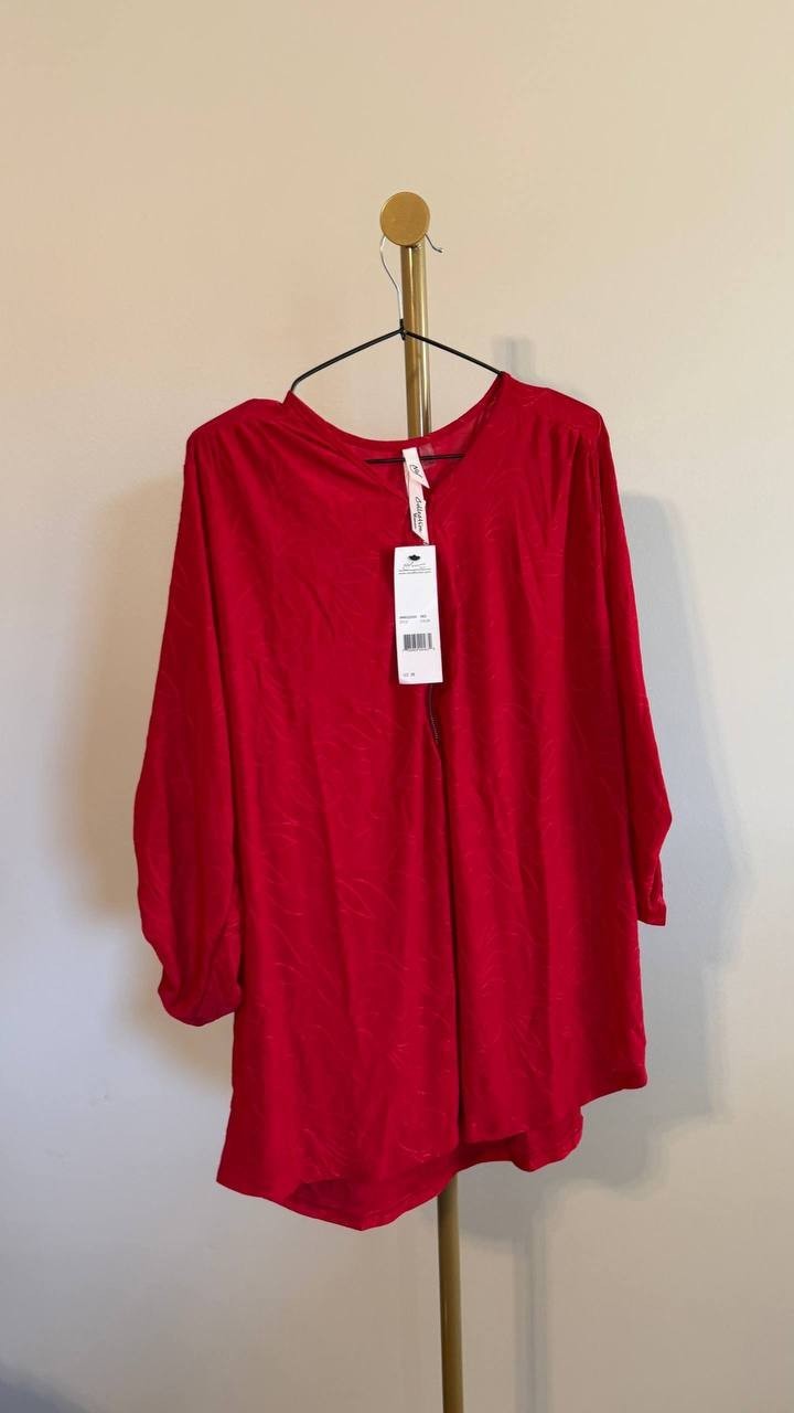 NY Collection Women’s 3/4 Roll Tab Zip Front Top Red 2X $44 NWT