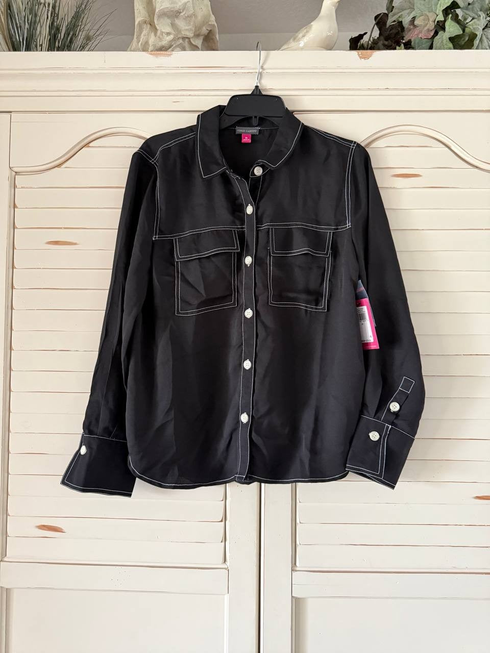 Vince Camuto Contrast Stitch Collared Button Blouse Black Size XS NWT $79