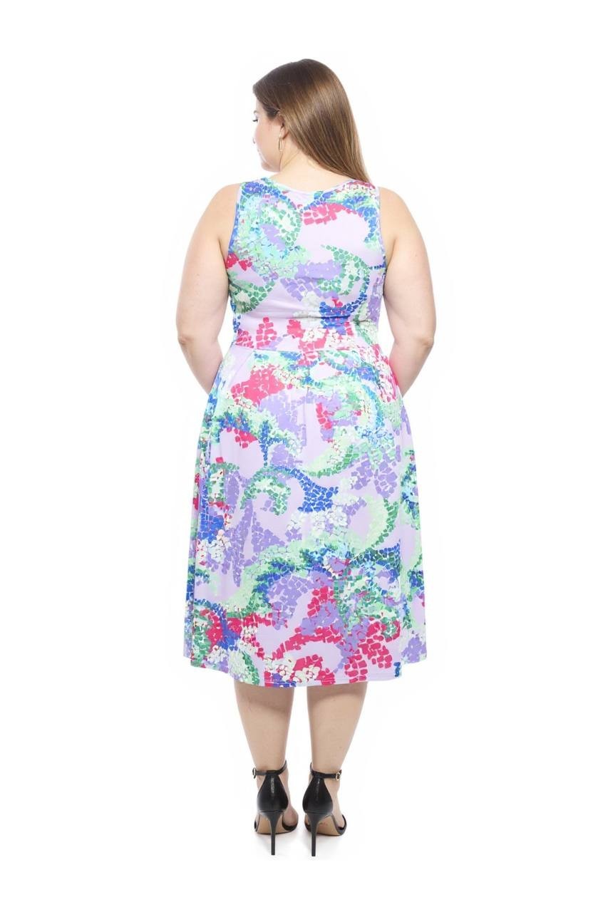 24seven Comfort Apparel Plus Abstract  Midi Dress Purple Multi 2XL NWT $64