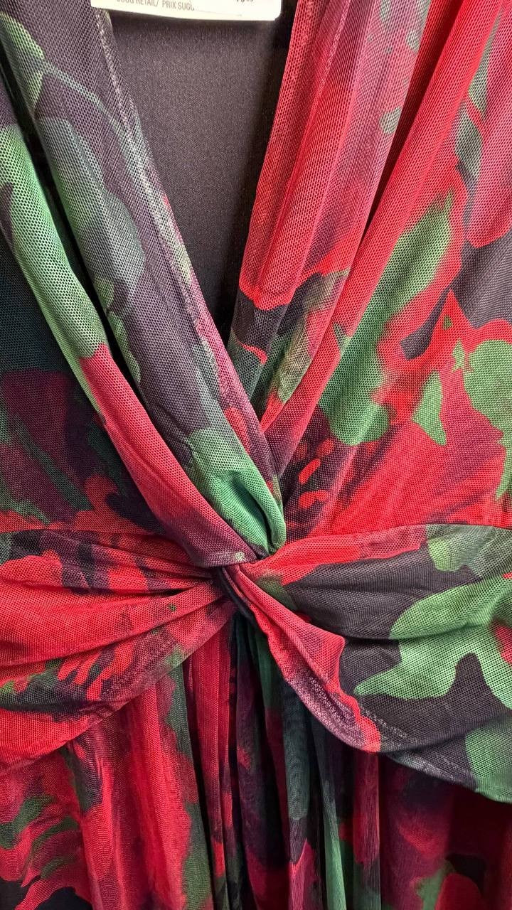 Anne Klein Rose‑Print Twist‑Front Maxi Dress Titian Red Multi 8 NWT $149