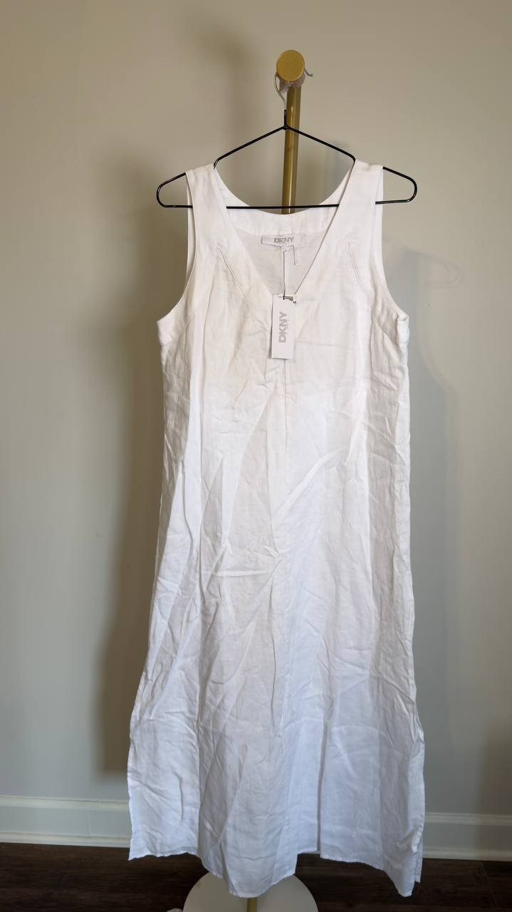 DKNY V‑Neck Linen Sleeveless Maxi Dress White S NWT $115