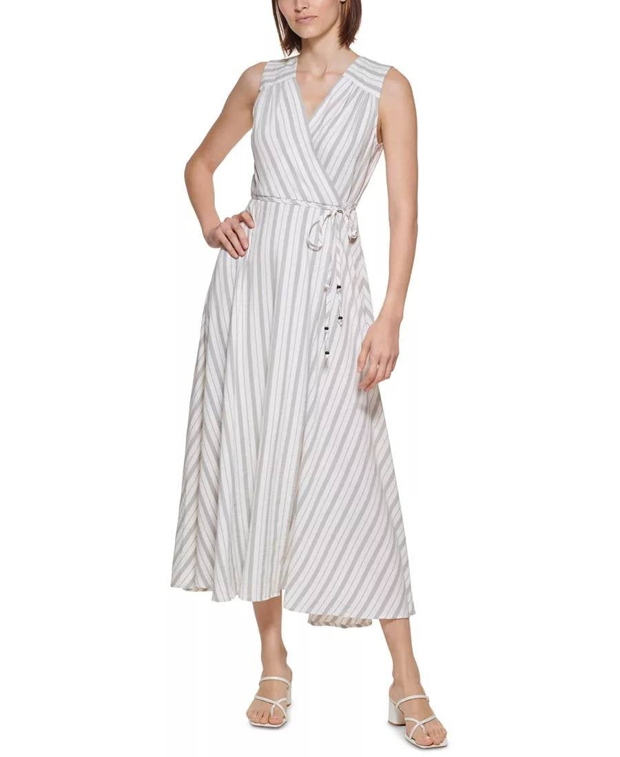 Calvin Klein White Striped Maxi Dress 8 Pre‑Owned Sleeveless Chic msrp$139