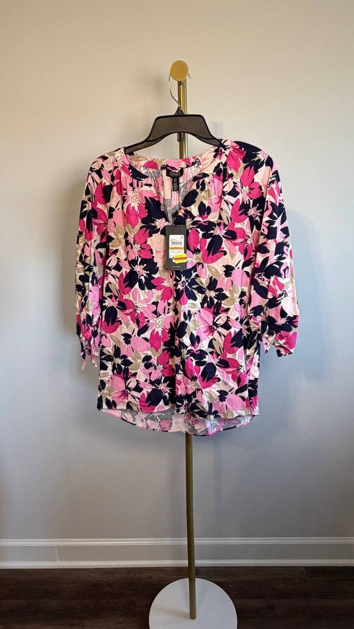 Jones New York V‑Neck Tie‑Sleeve Linen Blend Blouse White Multi S NWT $69.50